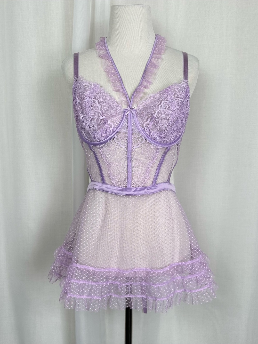 Victorias Secret Lavender Lace Mesh Apron Babydoll Corset Chemise Slip Dress L